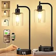 Clora 2 Pack Industrial Table Lamps for Bedrooms Fully Dimmable Bedside Lamps with USB Ports Nightstand Lamps with Glass Shade for Living Room Desk Lamps for Office Reading