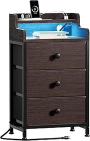 [REAHOME] Nightstand with Charging Station and LED Light, Tall Brown Night Stand with 3 Drawers and 2-Tier Shelf, Bedside Table with Sturdy Steel Frame Wood Top for Bedroom, Living Room - Brown