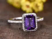 5.66 Ct Emerald Cut Lab Created Amethyst Engagement Ring 14K White Gold Plated