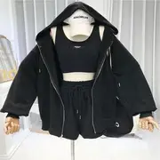 Set: Scoop Neck Lettering Crop Tank Top + Drawstring Waist Plain Sweat Shorts + Zip Hoodie Set of 3 - Tank Top & Sweat Shorts & Hoodie - Black - M