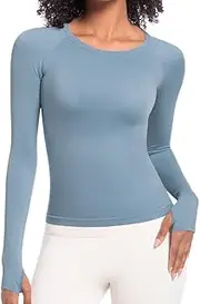 [JN JANPRINT] Women's Gym Tops Seamless Sports T-Shirt Basic Long Sleeve Tee Shirts with Thumb Holes Slim Fit Stretchy Yoga Tops