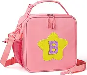 [WOBAGMEN] Initial Lunch Box for Women Kids Girls,Cute Pink Insulated Lunch Bag with Chenille Letter, Reusable Square Bento Lunch Box for School Office Picnic,Kids Lunch Bag for Teen Girls (Pink, B)