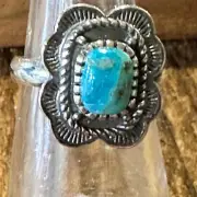 Native American Asia Turquoise Cuff Statement Ring, Genuine Sterling Silver & Tu