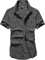 [Aoleaky] Men's Casual Black Military Shirt,Cotton,Short Sleeve,Solid Retro Vintage