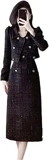 [Generic] Women Elegant Tweed Suit Short Coat+Sling Dress Two-Piece Set