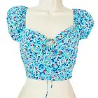 NWT Aeropostale blue floral crop top rayon stretch puffed sleeve shirt blouse XS