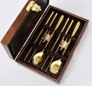 Jangsaeng jingong Gold Color titanium Cutlery set parents gift chop stick spoon
