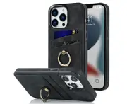 Full Protection Cover for iPhone 13 Pro Max, 2 Cards PU Leather Case with Ring Holder - Black