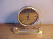 VINTAGE CLEAR LUCITE & GOLD METAL FRAME - GOD IS LOVE - SHELF CLOCK FAITH STYLE