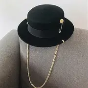 [Hcclijo] Ladies Wool Fedora Pearl Flat Top Wool Cap Unisex French Zip Design Hat Jazz Cap Wide Brim