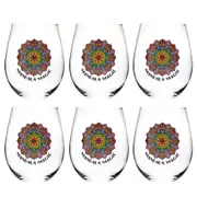 6PK Tallulah Wellness Stemless Wine Glass Tumbler Drinkware Mandala Clear