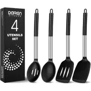 Pack of 4 Large Silicone Cooking Spatulas and Spoons, Slotted and Solid Stainless Steel Cooking Utensils Set, Non-stick Heat Resistant Kitchen for Baking, Fried, Stir-Fry, Mixing, Serving