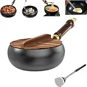 24cm/26cm Japanese Iron Pan with Wooden Lid, Hand-Forged Uncoated Non-Stick Iron Pan for Cooker Gas Stir Fry Pans(Size:26cm)