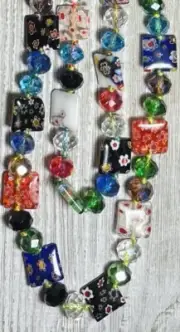 Millefiori Inspired Necklace Flowers Art Glass Square 23" Beaded Squares Color