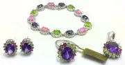 GENUINE Peridots, Amethyst & Pink Sapphires RING, BRACELET & EARRINGS SET 14K
