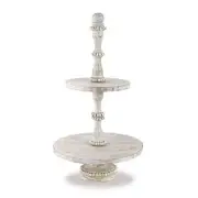 Mud Pie Cottage Collection Beaded Wood Tier Server Serving Plate 23" x 13" White