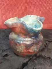 Mcm Raku Firing Pottery Vase. Handmade. Rare Unique Piece. SJ Signed.