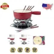 Elegant Cherry Red Fondue Set: 2-Quart Cast Iron, 9-Piece Dining Experience