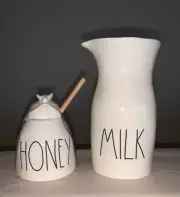 New Rae Dunn MILK Carafe and HONEY Pot Ceramic Stoneware White Bumble Bee