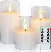 Clear Glass Flameless Candles Battery Operated with Timer, Remote Control, LED P