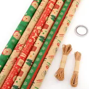 6Pcs Christmas Wrapping Paper with Jute String Wrap Sheet Cute Traditional Xmas Wrap Paper