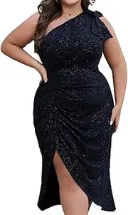 [FANCMISTERY] Women's Plus Size Sequin Glitter Dress One Sparkly Shoulder Ruched Wrap Cocktail Party Black Slit Dress