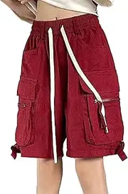 [FUNRKLI] Women's Summer Work Shorts Elastic Waist Large Pockets Sports Pants Comfortable Casual Couple Shorts