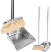 Broom and Dustpan Set with 46.4" Long Handle Stainless Steel Upright Broom Dustpan Combo Lightweight Sweeping Combo for Home, Office, Kitchen, Lobby Floors (Silver, Square)