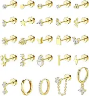 [Jstyle] Hypoallergenic Surgical Steel Earrings for Sensitive Ears Dainty Gold Flat Back Earrings for Women Men Small Stainless Steel Earrings Flatback Stud Hoop Cartilage Earring Set for Multiple