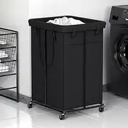 [YKDIRECT] 150L Laundry Basket Laundry Hamper with Wheels, Metal & Oxford Fabric Laundry Clothes Hamper, Suitable for Bedroom, Bathroom, Dorm Room, Laundry Room (Dark Black, 150L)