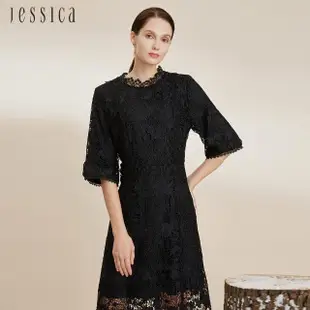 【JESSICA】氣質收腰顯瘦五分袖蕾絲洋裝224375（黑）