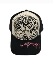 Ed Hardy Tiger Outline Trucker Hat Mesh Snapback Cap Ivory Black NWT