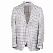 Luigi Bianchi Cream-Brown-Sky Blue Check Wool-Silk-Linen Sport Coat 38R (Eu 48)