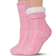 Slipper Socks for Women with Grippers Non Slip, Sherpa Lined Medium Pink