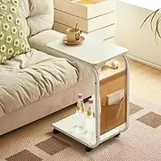 Mobile Side Table with Wheels, End Tables (White)