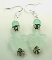 Turquoise Glass FlowerDangle Earrings & Frosted & Heart Beads Handmade