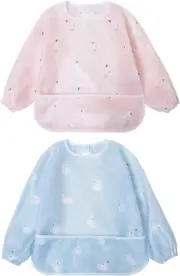 2 Pack Full Sleeved Feeding Bib Baby Toddler Waterproof Apron with Large Pocket