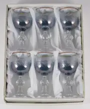 Set Of 6 Blue Cordial/Brandy/Liquor Glasses With Gold Rimmed And Engraved Design