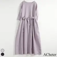 在飛比找momo購物網優惠-【ACheter】棉麻連身裙腰帶收腰大擺圓領七分袖棉麻長版洋
