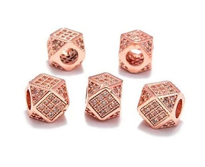 Zircon Pave Rhinestones Big Hole (5 5 Pcs Clear on Rose Gold Cube Bead (7x7mm)