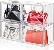 DILIBRA Set of 4 Plastic Purse Storage Organizer for Closet, Acrylic Display Case for Purse and Handbag, Stackable Storage Boxes Organizer with Magnetic Door for Clutch Wallet Book Toys