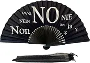 FANSOF.FANS Black Silk Fabric Folding Hand Held Fan with a Pouch Bamboo Ribs Chinese Vintage Handheld Girls Women Wedding Party Favour Gift (Say No)