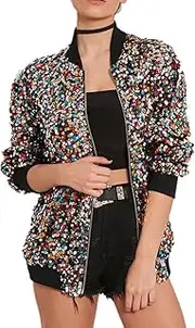 [Cresay] Women's Sequin Fitted Long Sleeve Zipper Blazer Bomber Jacket