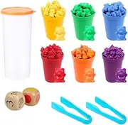 71pcs Rainbow Counting Bears, Counting Bears Set with Matching Sorting Cups Dices and Tweezers Montessori Matching Game Educational Color Sorting Toys