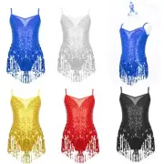 Girls Sequins Tassel Hem Dance Latin Salsa Leotards Modern Performance Costume