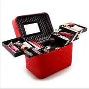 Makeup Bag Cosmetic Bags with Mirror, Foldable Tray Open to The Sides,Makeup Travel Bag for Women,Makeup Box Train Case (Color : Red, Size : B)