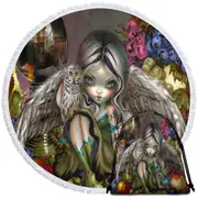 Silent Wisdom Owl Angel Wine and Fruits Round Beach Towel