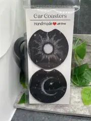 2 PC Car Cup Holder Coaster Set 2.75" Anti Slip Silicone Back Sun Star Moon 26