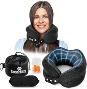 SnoozEasy™ Travel Pillow for Adults | High-Density Memory Foam Neck Pillow for Airplane | Adjustable Flight Travel Cushion with Eye Mask, Ear Plugs, Carry Bag & Carabiner Clip | UK Brand