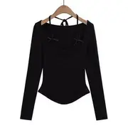 Long-Sleeve Scoop Neck Plain Mock Two Piece T-Shirt Black - S